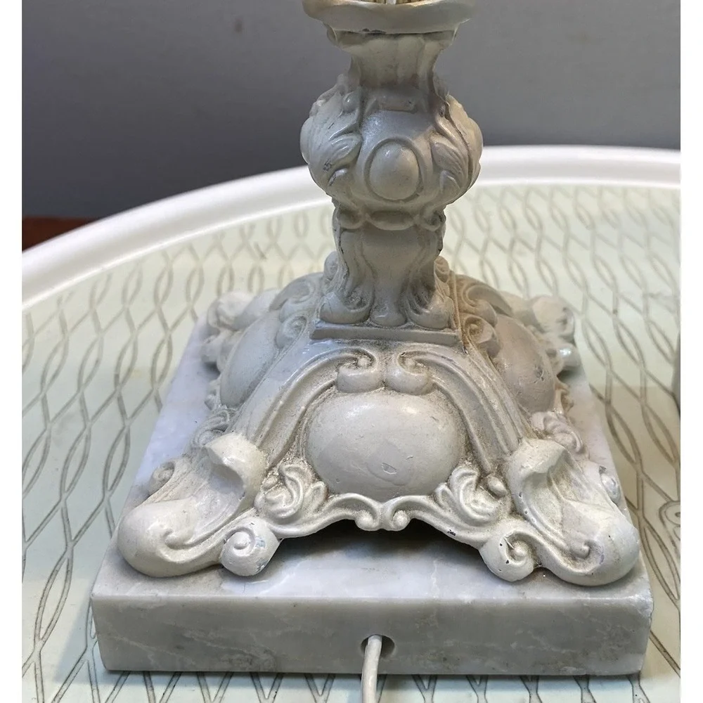 PAIR Vintage Ornate Ivory Cast Metal On Marble Base Working Table Lamps 17